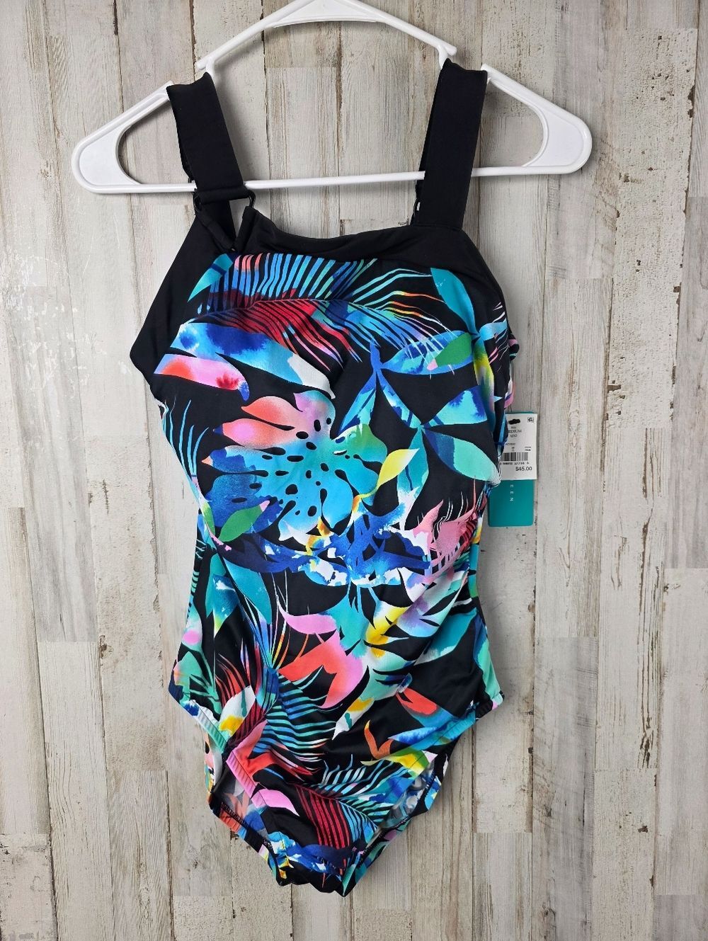 Aqua Green Tropical Floral Print One Piece Swimsuit Size Medium